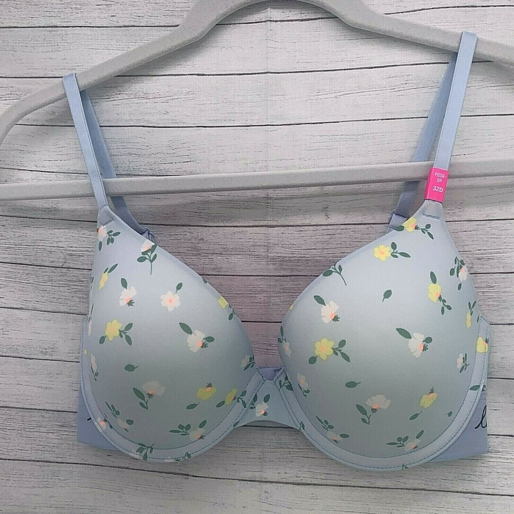 NWT Victoria's Secret PINK Blue Floral 32D Wear Everywhere Push Up Underwire Bra